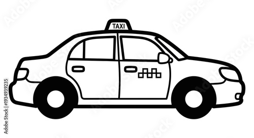 Black and white line art of a classic taxi car