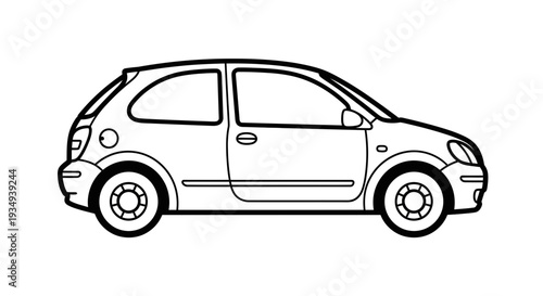 Black and white outline drawing of a compact hatchback car