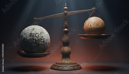 Details and big picture in balance - balancing stones on a scale symbolizing harmony, equity and equilibrium between big picture and details. Harmonious and beneficial situation. Conceptual Balance