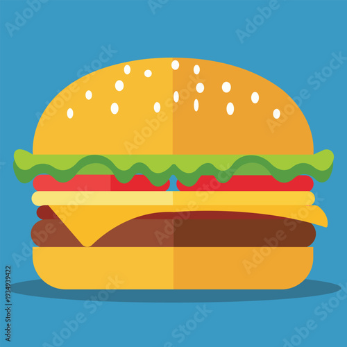 Delicious Burger Illustration: A mouthwatering burger illustration showcases a juicy patty, fresh lettuce, ripe tomato slices, melted cheese, and a fluffy sesame seed bun against a vibrant background.