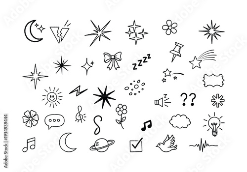 Collection of various black and white line drawings and symbols