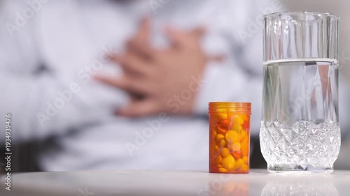 A man experiencing chest pain seeks relief, reaching for water and medication to alleviate his discomfort and heart-related symptoms dynamic footage