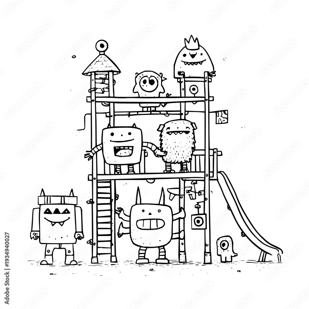 Fototapeta premium Whimsical cartoon monsters playing on a multi level playground structure with slide and ladder in black and white illustration