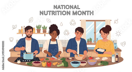 Illustration of diverse people preparing healthy food in a kitchen for National Nutrition Month with a focus on balanced diet and nutrition education.