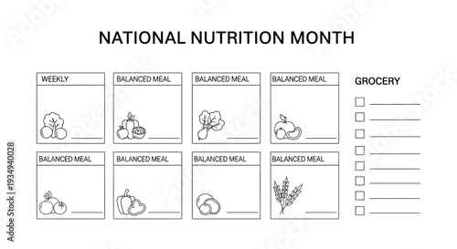 A black and white illustration of a meal planning checklist for National Nutrition Month, featuring balanced meal icons and a grocery list, against a clean white background with a simple