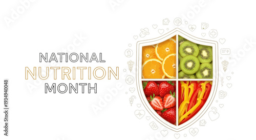 National Nutrition Month logo with shield icon divided into four sections of various fruits and vegetables on white background with grey and orange text.