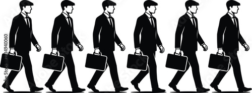 Professional businessmen silhouettes walking in a row carrying briefcases for corporate success leadership career development teamwork office workforce and global business marketing projects