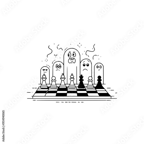 Chessboard with anthropomorphic chess pieces showing various emotions black and white illustration simple background strategy game concept
