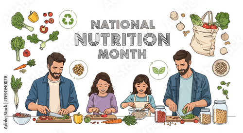 Illustration of a family of three preparing healthy food together for National Nutrition Month with various vegetables and ingredients.