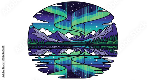 Vibrant aurora borealis over a serene mountain lake with reflections, rendered in a stylized illustrative design.
