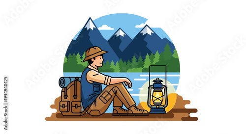 Illustration of a lone adventurer resting by a lake with mountains in the background, featuring a backpack and a glowing lantern.