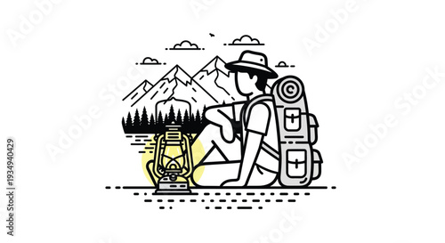 Line art illustration of a lone hiker resting with a backpack and lantern, admiring a mountain landscape with trees and birds.