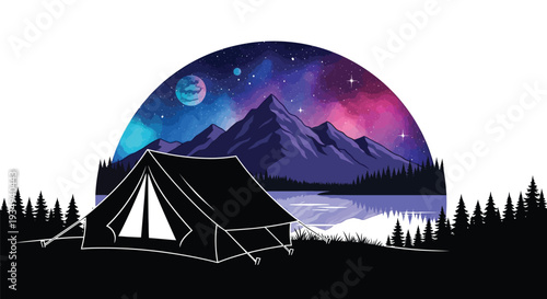 Illustrative night camping scene with a tent by a lake, majestic mountains, and a vibrant galaxy sky.