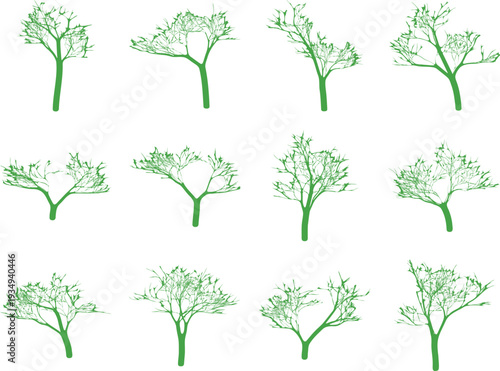 Twelve stylized green bare trees with filled trunks and detailed branch structures on white