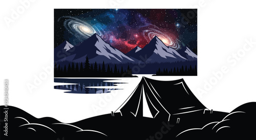 A serene night camping scene with a tent silhouetted against majestic mountains, a dark forest, and a stunning cosmic sky filled with colorful galaxies and stars.