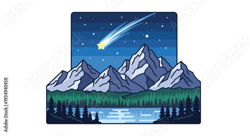 Pixel art landscape with majestic mountains, a serene lake, a dense forest, and a vibrant shooting star in the night sky.