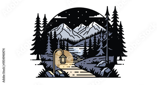 A serene monoline illustration of a night landscape with mountains, a lake, pine trees, and a glowing lantern illuminating a path under a starry sky.