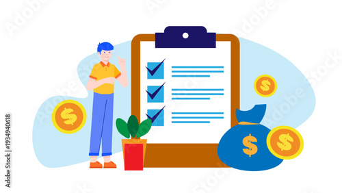 Businessman checking a clipboard for business budget planning and financial analysis