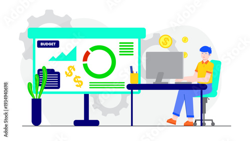 Professional at a workspace analyzing business budget charts and financial reports