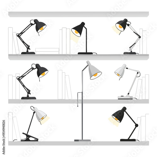 Assorted Desk Lamps on Shelves Illustration