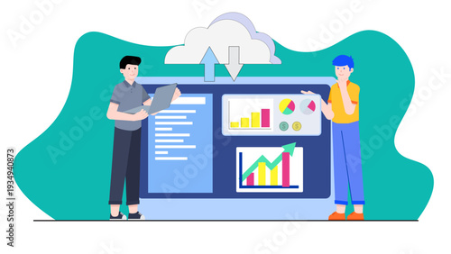 Two professionals managing data and analytics using cloud computing technology for business