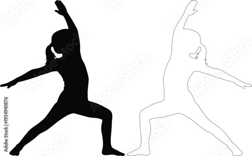 Two yoga poses silhouettes demonstrating balance and flexibility exercises with arms raised and legs in various positions isolated on transparent background