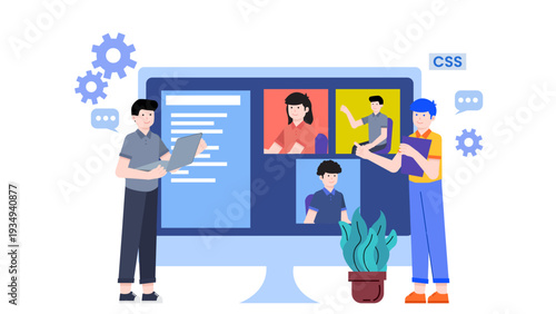 Team working on business SEO and content marketing strategies with video call interface