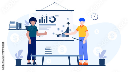 Two businessmen presenting financial growth data and investment strategies using a presentation board