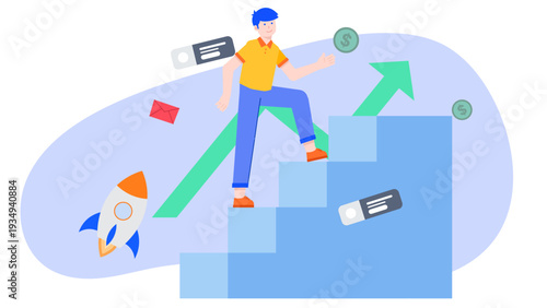 A man running up the stairs towards business success and achievement with a rising rocket