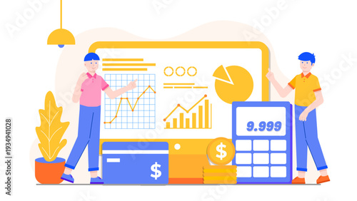 Professionals monitoring business profit and revenue statistics on a large computer screen with financial tools