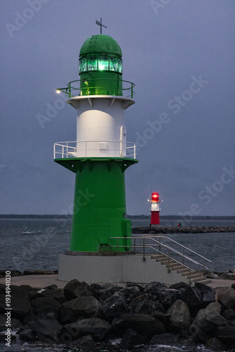Lighthouses at the exit of the harbor in Warnemunde