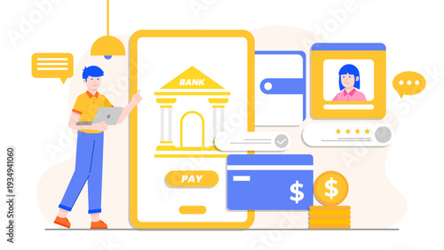 Modern digital payment and online banking system illustration showing secure transactions via smartphone and credit card