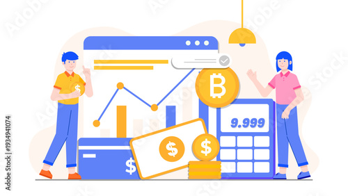People interacting with digital currency and blockchain financial technology elements
