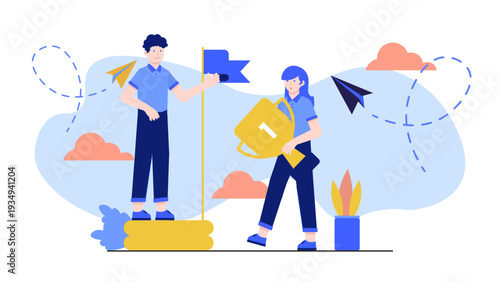 Successful business team standing on podium with trophy and flag