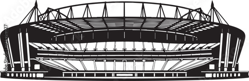 Black and white illustration of a large sports stadium
