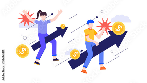 People riding upward arrows representing business profit and revenue growth success