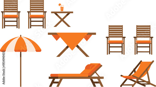 Outdoor Patio And Beach Furniture Vector Set Featuring Wooden Garden Chairs Sun Loungers Deckchairs Parasol Umbrellas And Dining Tables For Summer Vacation Relaxation And Exterior Home Design