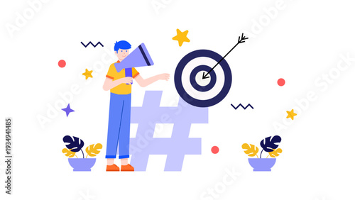 A marketer using a megaphone and targeting a bullseye to represent social media marketing strategy