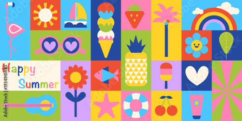 Summer seamless pattern with ice cream and fruits