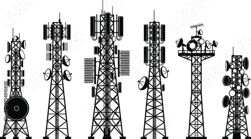 Professional telecommunication mast silhouettes featuring cellular mobile network towers with satellite dishes and radio antennas for global communication technology and digital connectivity