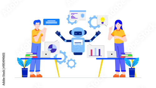 Team working with a robot assistant for business process automation and data analysis