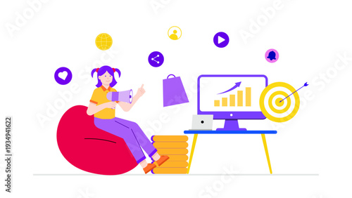 Marketer using megaphone to promote digital advertising and online marketing campaign