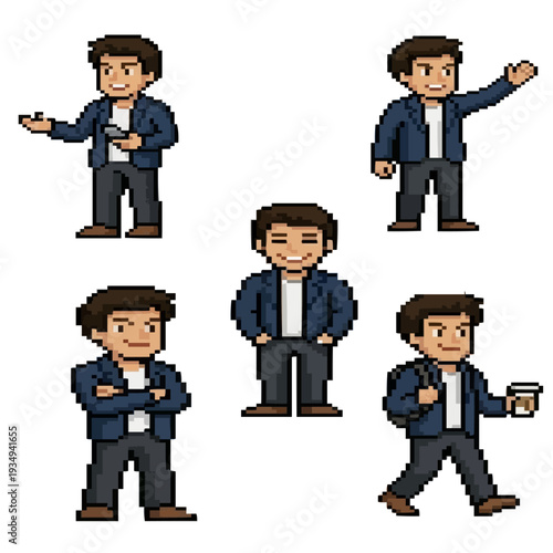 pixel art casual startup boss character with five poses modern business leader sprite