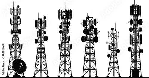 Professional telecommunication mast silhouettes featuring cellular mobile network towers with satellite dishes and radio antennas for global communication technology and digital connectivity
