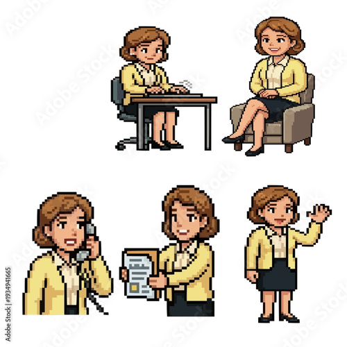 pixel art cheerful administrative staff character with five poses friendly office workplace sprite