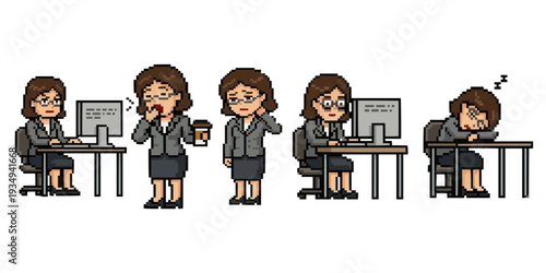 pixel art tired office employee working overtime character with five poses detailed corporate sprite