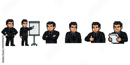 pixel art strict office manager character with six poses authoritative corporate professional sprite