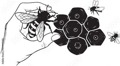 Hand holding honeycomb with bees flying around it closely