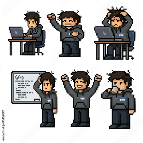 pixel art office programmer developer character with six poses coding professional workplace sprite