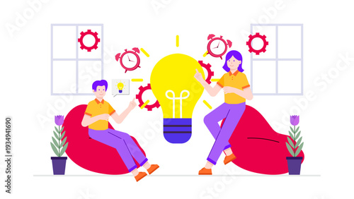 Creative team brainstorming and discussing new innovative ideas around a giant glowing light bulb